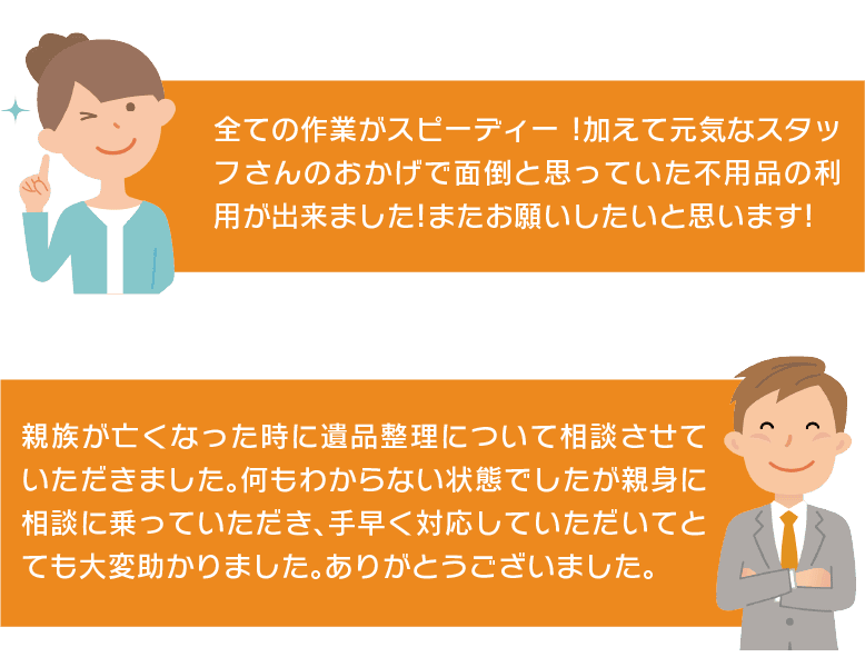 全ての作業がスピーディー!加えて元気なスタッフさんのおかげで面倒と思っていた不用品の利用が出来ました!またお願いしたいと思います! 親族が亡くなった時に遺品整理について相談させていただきました。何もわからない状態でしたが親身に相談に乗っていただき、手早く対応していただいてとても大変助かりました。ありがとうございました。